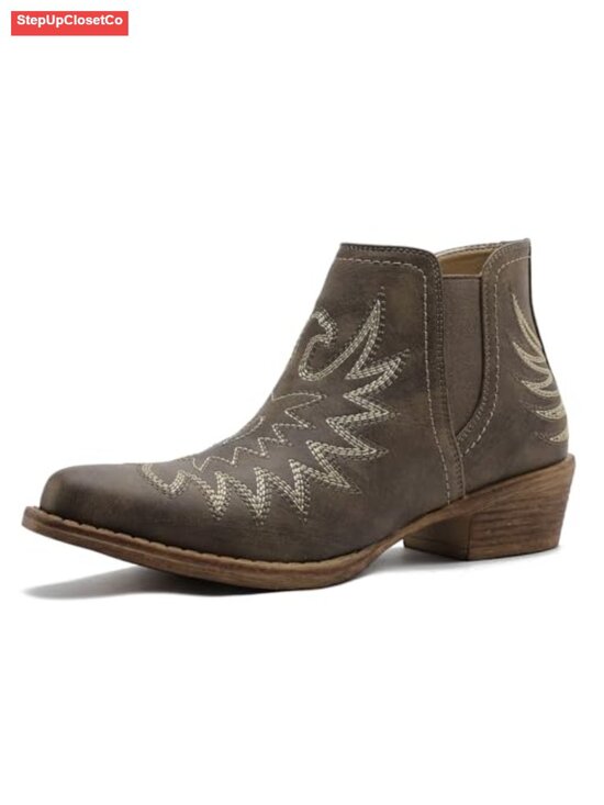 Shoes - Women's Cowgirl Boots Western Ankle Pull On Faux Leather Low Heel Booties